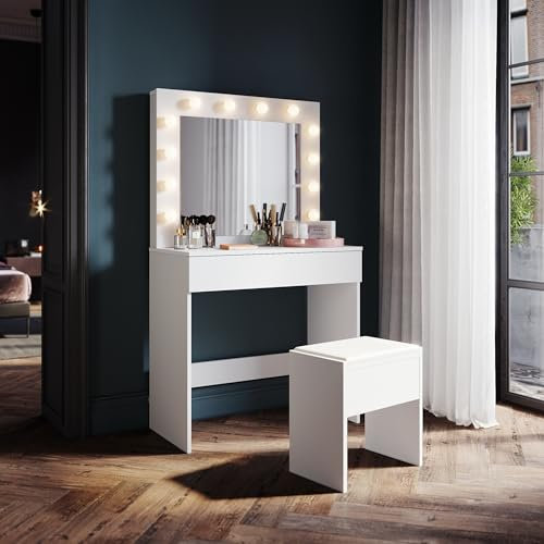 SONNI Schminktisch mit Hocker, Beleuchteten, Spiegel, Schubladen, Kosmetiktisch mit 12-Lichtern, 10 Einstellbarer Helligkeit, 3 Farben, Frisiertisch Kommode für Frauen Schlafzimmer, Weiß, 80x40x140cm.