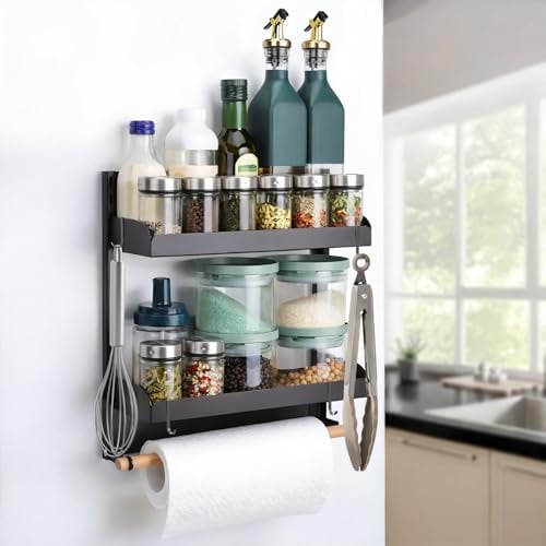 Toski Portaspezie Magnetico per Frigorifero, 2 Strati Porta Spezie con Porta Rotolo da Cucina e 4 Gancio, Porta Spezie per Cucina Regolabile, Portaspezie Salvaspazio per Barattoli Spezie e Bottiglie
