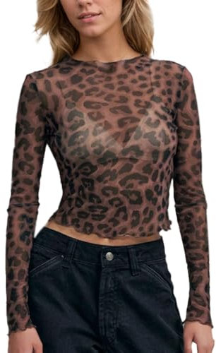 EMOTTOS Camiseta de Rejilla con Leopardo Impresión, Crop Top Sexy con Animal Print Camisa, Damas Slim Fit Transparentes Y2K Top de Malla Going out Clubbing Party, Negro, L