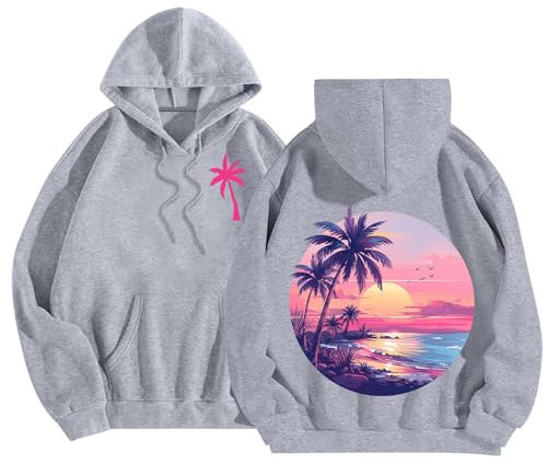 Palm Puff Hoodies for Women UK Long Sleeve Y2K Oversized Jumpers for Teen Girls Unisex Palm Tree Sun Set Beach Graphic Pullover Tops Loose Fit Stylish Autumn Preppy Clothes 2024 Grey