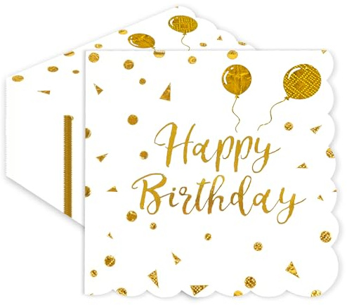 40 Stück Weiß Gold Servietten,33x33cm Happy Birthday Scalloped Einweg Cocktail Dinner Hochzeit Party Einwegpapier Servietten für Mädchen Geburtstag Party Zubehör Dekoration