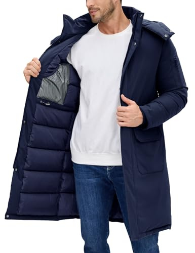 Voqeen Vinterjacka Herr Lång Varm Termisk Vadderad Parkas Jacka Med Avtagbar Huva Dragkedja Kappa Och Arbete Fickor Vindtät, Marinblå, XL