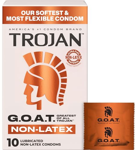 Trojan G.O.A.T. Latex-Free Lubricated Condoms for Men, Patent Pending Ultra Flex Non-Latex Material, Soft, Strong, Odorless & Colorless, 10 Count