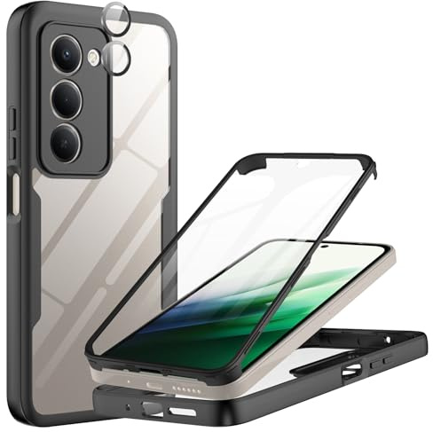 Funda para Xiaomi Redmi 15 4G / 5G con Protector de Pantalla Integrado | 360 Grados Full Body Anti-Shock Carcasa, Protector Lente Cámara, Transparent PC, Silicona Bumper, Negro