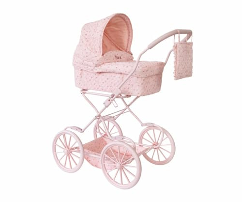 Monnëka Puppenwagen Vintage mit Klappbarer Haube und Korb | | Großer Puppenbuggy mit Verdeck | Retro Puppenwagen aus Metall für Kinder | Blumen