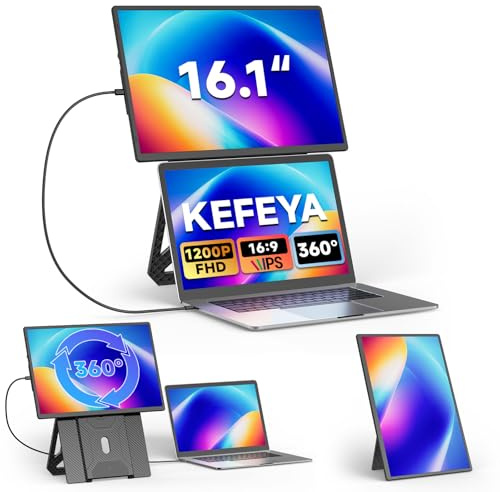 KEFEYA 16.1” Monitor Portatile per Laptop, FHD 1200P IPS Doppio Schermo PC Portatile HDMI/USB-A/Type-C Plug and Play, Ruotabile a 360°Portable Monitor compatibile con Windows/Mac