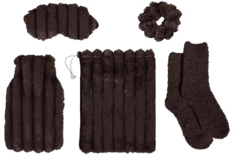 OHS Ribbed Hot Water Bottle Set 5 Piece Fluffy Womens Gift Sets, Brown | Cosy Gift Set Include 750ml Hot Water Bottle with Faux Fur Cover, Eye Mask, Fluffy Socks, Fluffy Scrunchie, Draw String Bag