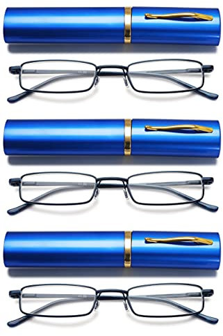 VEVESMUNDO Herren Lesebrille Mini Reise Kleine Kompakte Schmal Metall Lesehilfe Brillen Mit Etui +1.0,+1.5,+2.0,+2.5,+3.0,+3.5,+4.0 (3 Stück blau Lesebrillen, 2.0)
