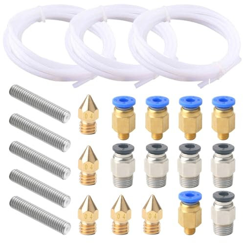 QitinDasen 3 Meter 3D Drucker PTFE Teflonschlauch, mit 6 Stück PC4-M6 Pneumatik Verbinder, 6 Stück PC4-M10 Pneumatik Verbinder, 5 Stück 0.4 mm Düse Druckkopf und 5 Stück M6 X 30 mm Düse Halsrohr