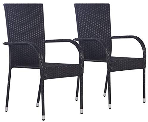 Festnight Garten-Essstühle 2 STK. | Polyrattan Essstuhl | Rattan Stapelstuhl | Outdoor Gartenstuhl | Vintage Rattanstuhl | Rattansessel | Schwarz Poly Rattan mit Stahlrahmen 55,5 x 53,5 x 95 cm