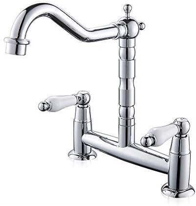 Modern Kitchen Sink Mixer Tap 2 Hole Dual Lever Bridge Kitchen Tap Swivel Spout Hot and Cold Faucet Chrome