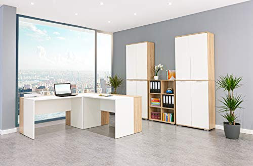 Bürozimmer Komplett - Büromöbel - Arbeitszimmer [Funktional und Robust] Set Schreibtisch Aktenschrank und Regal Büroset 13 TLG. - Sonoma-Eiche/Weiß | Büro Möbel