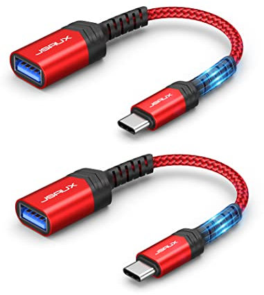 JSAUX Adaptateur USB C vers USB 3.0 Lot de 2, OTG Type C Mâle vers USB A Femelle OTG Câble Compatible pour iPhone 15 Pro Max, Samsung Galaxy S24/S23/S22 Ultra, Huawei, iPad Pro, MacBook Pro/Air-Rouge