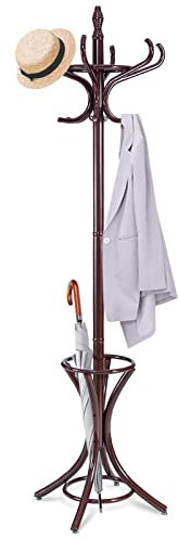 RELAX4LIFE Garderobenständer Holz, Garderobe Aufhänger inkl. 12 Kleiderhaken, Kleiderständer mit Schirmständer, Stabiler Jackenständer, bis 10 kg belastbar, für Mäntel & Hüte & Hosen, 184 cm (Braun)