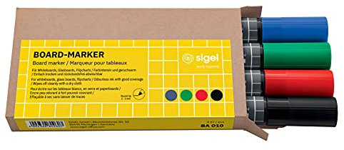 SIGEL BA010 Board-Marker - trocken und feucht abwischbar - schwarz, blau, rot, grün - Rundspitze 2-3 mm - 4 Stück - für weiße Glas-Magnettafeln, Whiteboards und Flipcharts