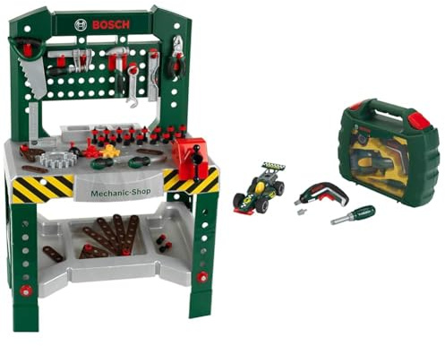 Theo Klein 8574 Bosch Werkbank 77-teilig I Mit Schraubendreher und -schlüssel, Zange, Hammer I 57 x 35 x 86 cm & Werkzeugkoffer-Set Bosch Grand Prix mit Ixolino-Akkuschrauber I 32 x 26 x 9 cm