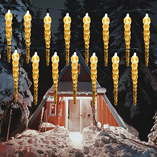 SUAVER Solar LED Eiszapfen Lichterkette Außen, 23ft 50LED Solar Lichterkette 8 Beleuchtungsmodi Wasserdichte Hängende Dekorationslichter für Party Urlaub Garten Baum Deco (Warmweiß)