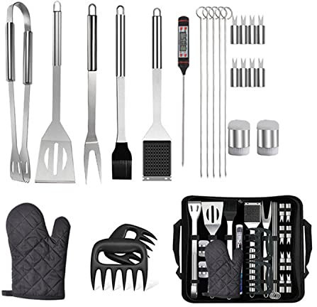 25 Pièces Outils de Gril Ensemble Set Barbecue Accessoire Ustensiles avec Gant de Thermomètre et Sac de Rangement Cadeaux pour Hommes Femmes à Noël