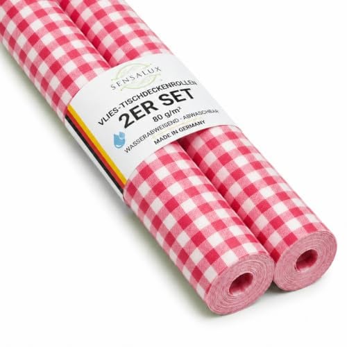 Sensalux Vlies Tischdeckenrolle 2er Set 1,50 x 25 m Karo Weiß-Rot, 80 g/m² | abwaschbar, wasserabweisend, stoffähnliche Tischdecke Rolle, OEKO-TEX, Party, Catering, Gastro