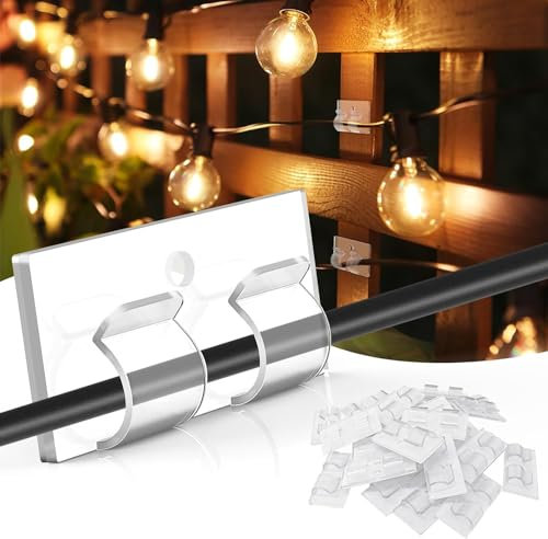 YichYaYa Kabelhalter 30 Stück, Outdoor Kabel Clips, Doppelte Reihe von selbstklebenden Haken, Kabelführung Organizer, Haken Draht Halter für Lichterketten (Klar)