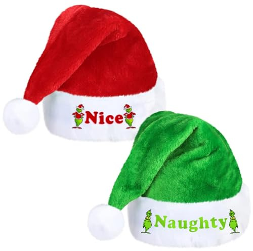 IDEAPRON Naughty und Nice Weihnachtsmützen, 2 Stück Rot und Grün Passende Weihnachtsmannmütze, Urlaubsmütze für Weihnachtsfeier, Samt Winter-Kopfbedeckung für Männer Frauen Erwachsene Kinder
