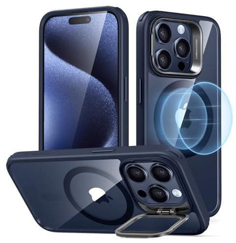 ESR for iPhone 15 Pro Case, Compatible with MagSafe, Military-Grade Protective Case, Built-In Stash Stand Phone Case, Scratch-Resistant Back Cover, Classic Series, Clear Dark Blue