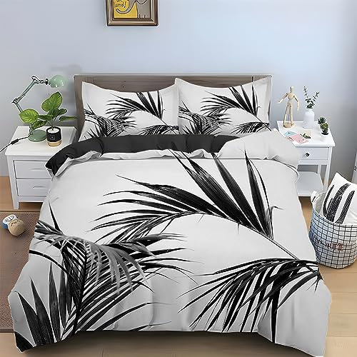 Housse de Couette 240 x 260 Feuilles Grises Parure de Lit 2 Personnes Plante Housse de Couette en Microfibre Confortable + 2 Taies d'oreillers 65x65cm avec Fermeture ÉClair