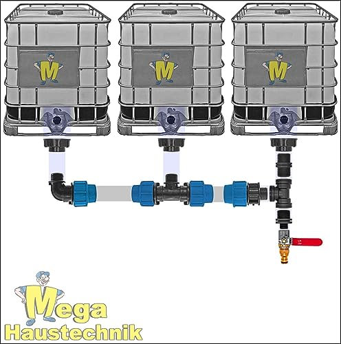 IBC Tank Container Verbinder für PE Rohr Regen Wasser Adapter S60x6 Winkel T-Stück Kupplung PP > Set7 für 3 IBC + Hahn2 Pos.1