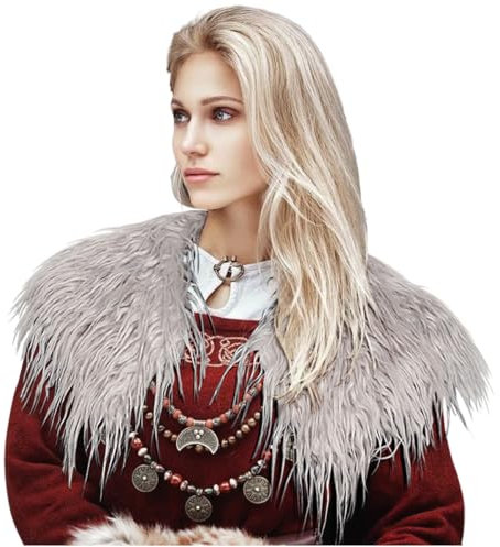 keland Damen Viking Kunstfell Kragen Künstlicher Pelzkragen Pelzschal Faux Kragen Schal Tuch Capelet Schultertuch (Grau)