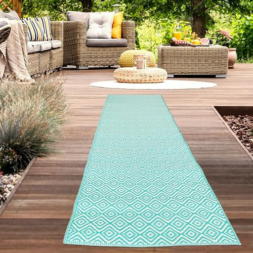 CARPETIA Außenteppich Outdoor-Teppich wetterfest wasserabweisend Campingmatte Picknickmatte Plastik Balkon Läufer lang Rautenmuster Petrol 90 x 300 cm
