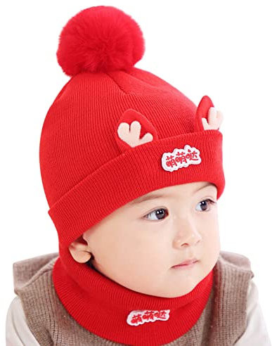 Neugeborenes Baby Kinder Junge Bommelmütze Winter Warm Knit Bobble Beaniess Cartoon Cap Schal Set Babymütze Neugeborene Sommer (Red, One Size)