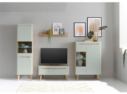 Lomadox Wohnwand in Grün Matt mit Eiche, 4-teilig, Standvitrine, TV-Lowboard, Wandboard, Vitrine