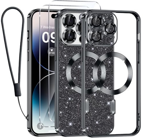 Kokio für iPhone 14 Pro Hülle Mit Glitzer Karte,[Kompatibel mit MagSafe],Mit 2*Schutzfolie und 1*Handykette,Kamera Objektivschutz,iPhone 14 Pro 6.1 Flash Handyhülle für Frauen Mädchen,Schwarz