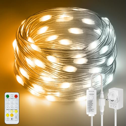 HOUHUI LED Fairy Lights, 30meter Warm to Cool White Indoor Outdoor String Lights with Remote, 8 Modes 2700K-6500K Dimmable White Fairy Twinkle Lights IP67 Waterproof for Christmas Bedroom Party Decor