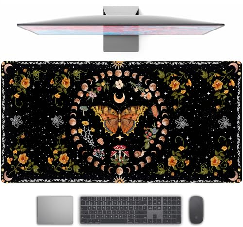Schreibtischunterlage mit Mondphase und Pilzphase, Boho, Blumen und Blätter, großes Mauspad 80 x 40 cm, abwaschbares Gewebe, rutschfeste Basis, Tastaturmatte für Büro mit umsäumten Kanten