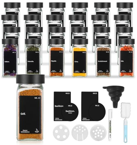 lwansny Gewürzgläser mit Streueinsatz,Gewürzgläser eckig[ 24x 120ml],240 Schwarz Wasserfeste Etiketten,Gewürzgläser Schwarz Edelstahl Deckel,Luftdichte Gewürzdosen set für Gewürze Aufbewahrung