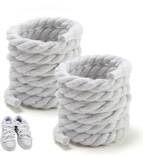 Hioip 10mm Round Rope Shoe Laces for Air Force 1 Sneakers, Thick Cotton Shoelaces Replacement Chunky Shoe Strings for Trainers (White,160cm)