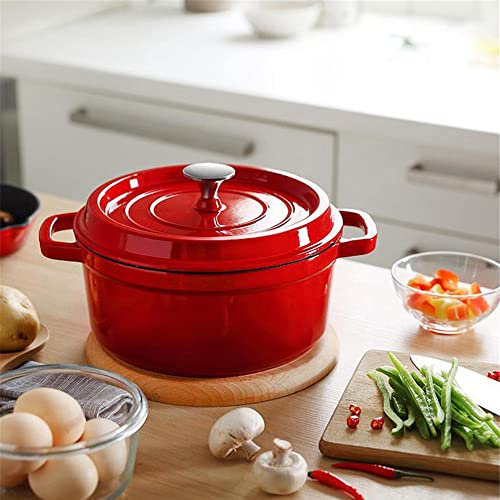 QTANZIQI Faitout en fonte émaillée avec couvercle – Marmite de 2,45 litres avec revêtement en émail, faitout durable et naturellement antiadhésif Rouge 22 cm