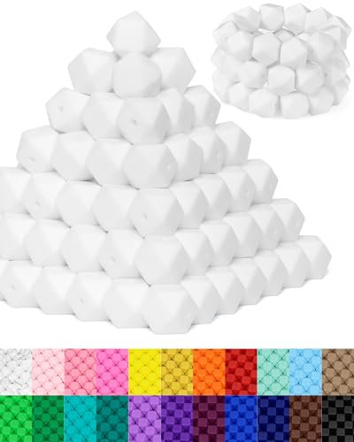 FIVEIZERO sechseckige Silikonperlen, 14 mm, Silikonperlen für Schlüsselanhänger, Schlüsselbänder, Schlüsselanhänger und Bastelprojekte, Premium-Silikon-Perlen-Set für Heimwerker, Weiß, 90 Stück