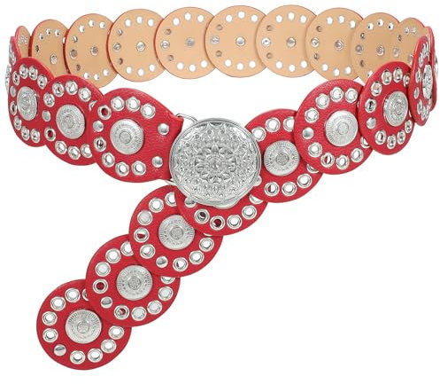 JasGood Breite Scheibengürtel für Damen Leder Aushöhlen Runde Gürtel Western Cowgirl Gürtel Damen Concho Vintage Boho Disc Ledergürtel Verstellbare Taillengürtel für Kleider,Rot,125cm