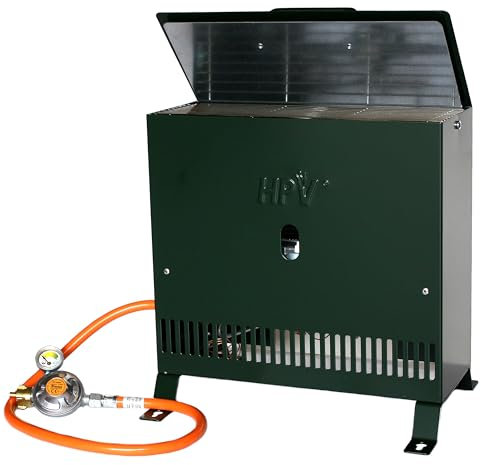 Gewächshausheizung 2kW mit Thermostat und Piezozündung für Wandmontage oder im Stand montierbar Gasheizer inkl. Schlauch HPV made in Germany (Mit Druckminderer (Außenbereich))