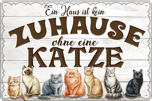 LUCKYLINDE – Blechschild Katzen Schild, Lustiger Spruch, Katze Deko, wetterfest 30 x 20 cm (Ein Haus ist kein Zuhause ohne eine Katze)