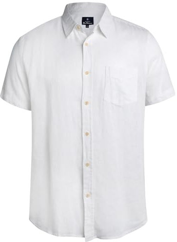 Ben Sherman Men's Linen Shirt - Regular Fit Short Sleeve Button Down Woven Linen Shirt (S-XL), White, Large