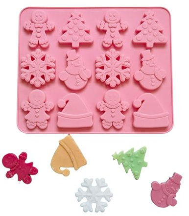 Stampo per cioccolatini natalizi, 1 pezzo, 12 cavità, per pan di zenzero, albero di Natale, cappello, pupazzo di neve, fiocco di neve, in silicone, per caramelle, biscotti, dessert, decorazione per