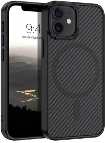 GUAGUA für iPhone 12 Mini Hülle [Kompatibel mit MagSafe] Magnetisch Handyhülle für iPhone 12 Mini Case Carbon Fiber Design Stoßfest Schutzhülle TPU und PC Slim Cover (5,4‘’) Schwarz