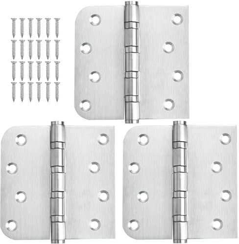 Qtanber 304 Stainless Steel Door Hinges, 4 inch X 4 inch Heavy Duty Door Hinges, Ball Bearing Door Hinges, Non Removable Pin, with Square and 5/8'' Radius 3 Pack