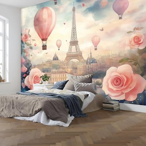 Fototapete Romantisches Paris PVC Tapeten Moderne Wandtapete Wohnzimmer Schlafzimmer Rosa Eiffelturm Tapeten Wohnzimmer Jugendzimmer Wanddeko Wandtattoo selbstklebende 200x140cm
