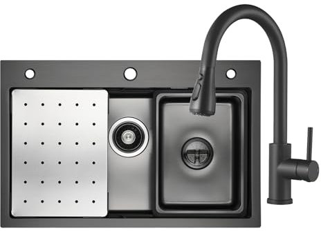 CECIPA Lavello da cucina, da 70 x 45 cm, con rubinetto estraibile, in acciaio inox, nero, incl. dispenser di sapone e sifone, lavello interno di ricambio e tagliere, nero