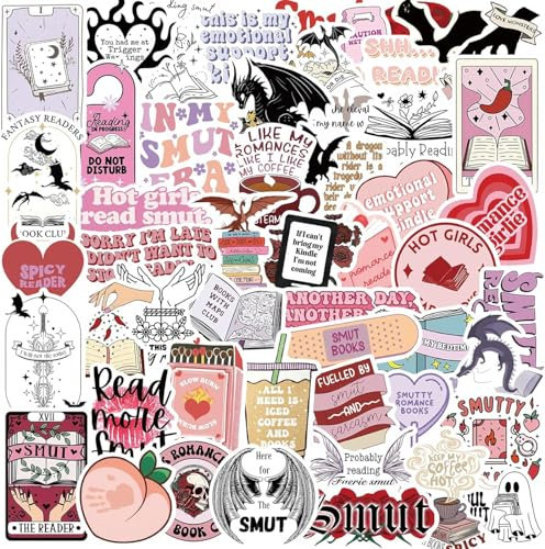 Book Stickers for Kindle, Bookish Sticker Pack for Readers Adult Spicy Boho Decor Romance Booktok Vinyl Decals for Laptop Ebook Reader Water Bottle Girls Holographic Waterproof 50 pcs (Smut Romantasy)