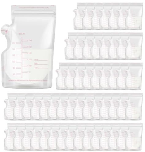 HORJOR 55 Pcs Sachet Conservation Lait Maternelle, 8 Oz Sac Congelation Lait Maternel avec Port d'allaitement Facile à Verser, 250 ml Sac Stockage Congélation sans Fuite pour la Réfrigération